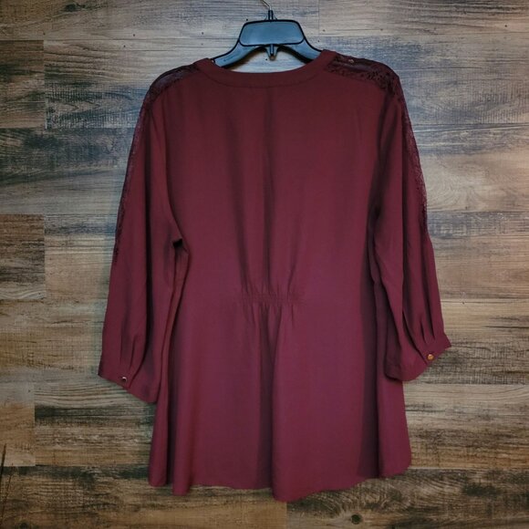 41 Hawthorn Chiffon Tunic Top XXL Floral Lace Accent Hi Low Hem Burgundy - Picture 2 of 8